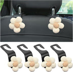 4PCS Car Headrest Hooks, Cute Flower Vehicle Seat Organizer Hooks for Purses and Bags, Portable Automotive Purse Hanger Holder Decoration, Universal for SUV, Sedan, Truck (Beige/Black)