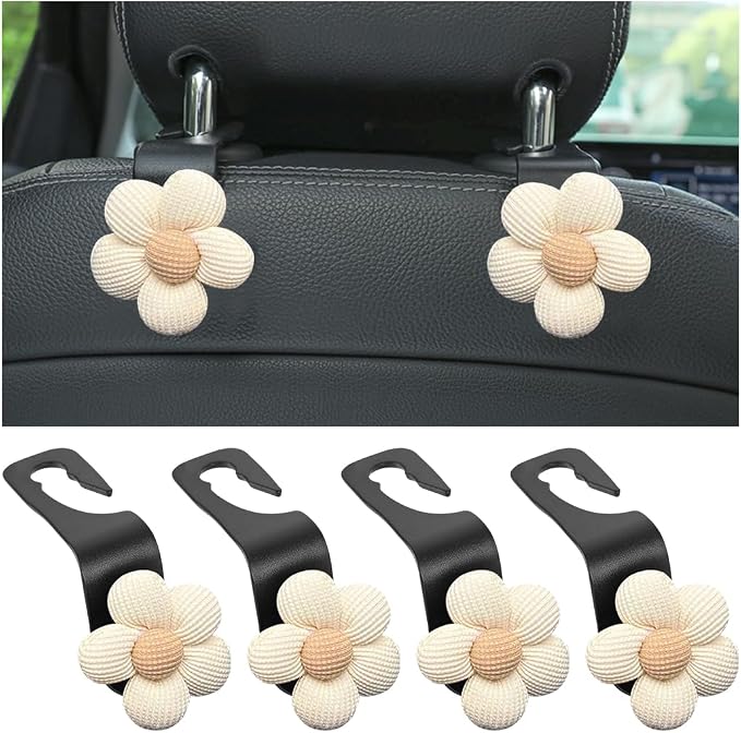 4PCS Car Headrest Hooks, Cute Flower Vehicle Seat Organizer Hooks for Purses and Bags, Portable Automotive Purse Hanger Holder Decoration, Universal for SUV, Sedan, Truck (Beige/Black)