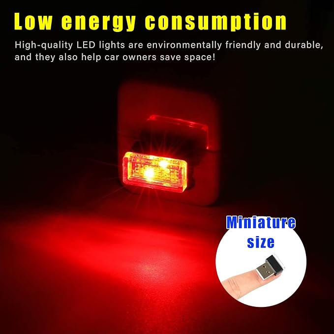 4 PCS USB LED Car Interior Atmosphere Lamp, Plug-in USB Decor Night Light, Portable Auto Ambient Lighting Kit, Universal Vehicle Interior Accessories for Most Cars (Red)