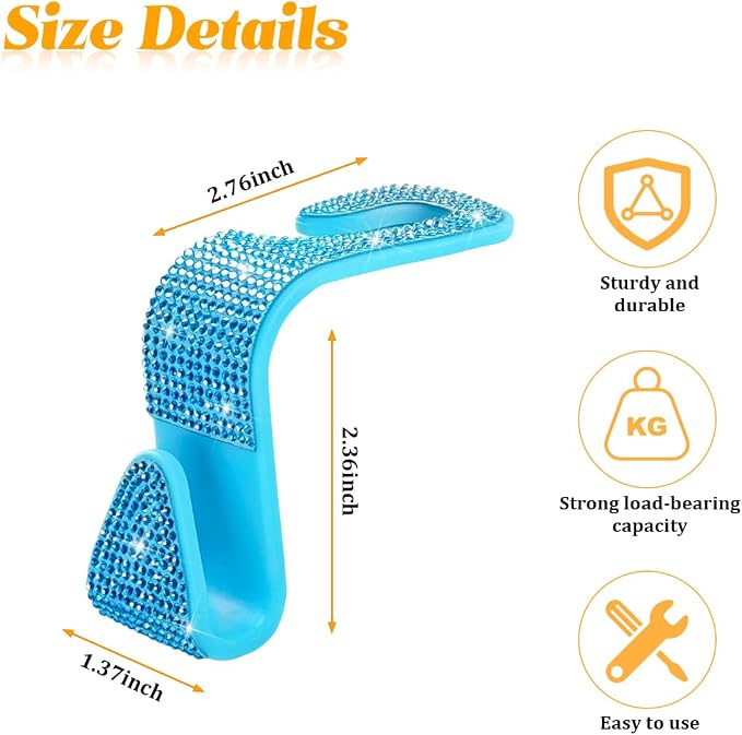 HZEL Bling Car Seat Headrest Hooks, 4PCS Crystal Rhinestone Vehicle Seat Back Hanger Holder for Purses Bag Handbags, Diamond Headrest Storage Organizer, Universal Auto Accessories (Lake Blue)