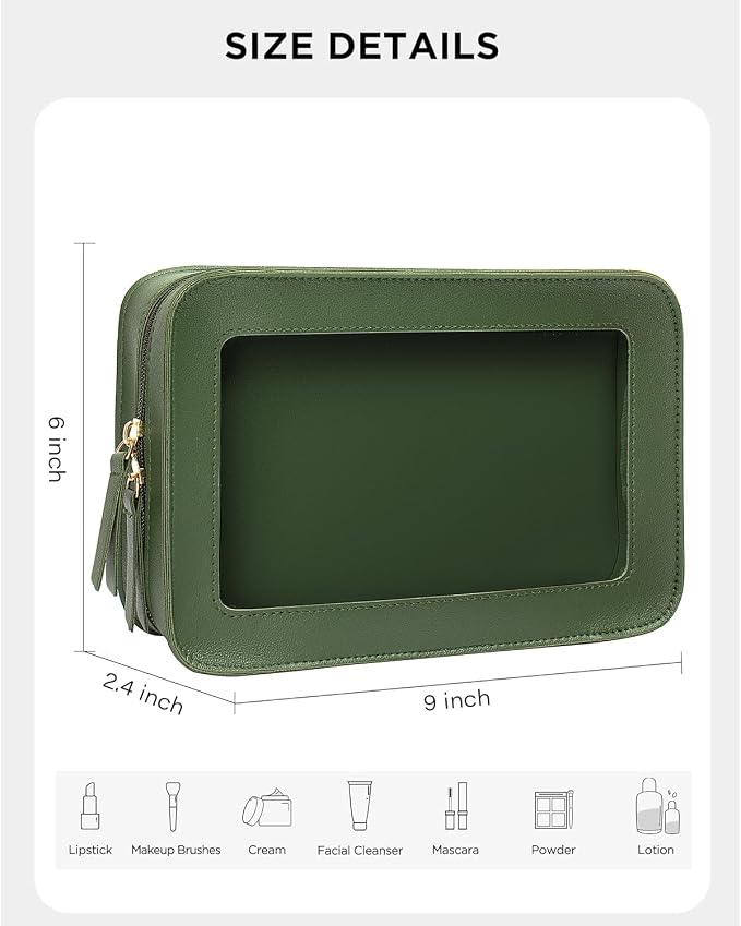 Clear Makeup Bags,TSA Approved Toiletry Bag with Zipper,Sunscreen Bag Clear Makeup Toiletry Pouch Beach Vacation Essentials for Women Teen Girls Gifts(Vintage Green)