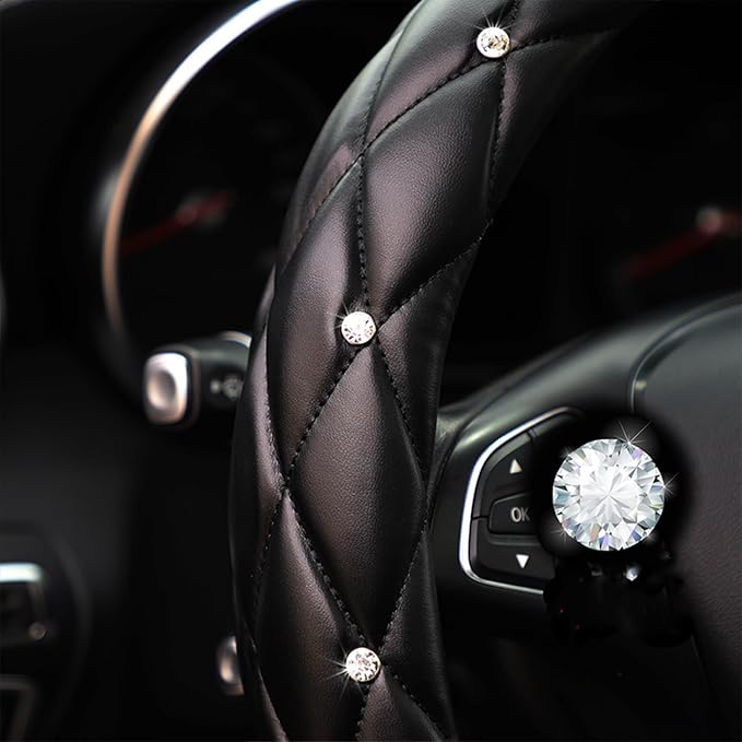Diamond Soft Leather Anti-Slip Steering Wheel Cover with Bling Bling Crystal Rhinestones, Universal 15 Inch for Women Girls, Fit Vehicles, Sedans, SUVs, Vans, Trucks - Black