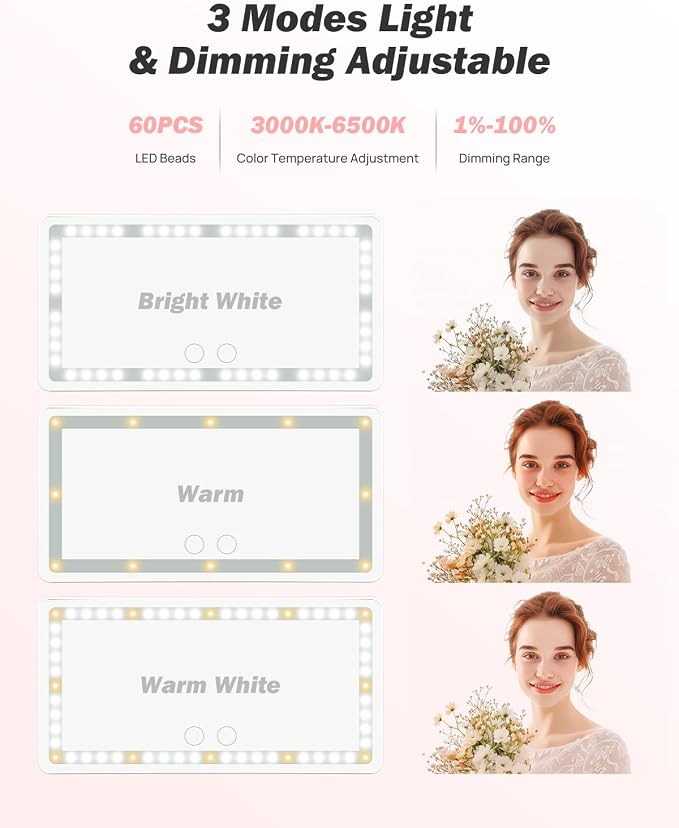 Car Sun Visor Vanity Mirror, Car Vanity Mirror With Lights, Makeup Mirror with 3 Light Modes & 60 LEDs, Rechargeable Car Mirror Dimmable Touch Control Travel Makeup Mirror for Car Truck SUV