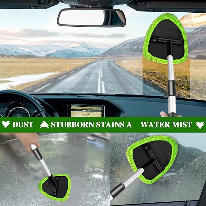 Windshield Cleaning Tool, Car Window Cleaner with Extendable Long Handle and 4 Washable Reusable Microfiber Pads, Auto Interior Exterior Auto Glass Wiper for Windshield, Universal for Cars (Green)