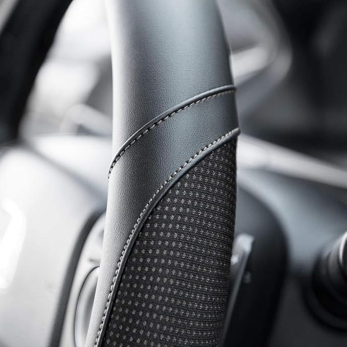 White Steering Wheel Cover - Dotted Comfort Polyester Grip on Stitched Synthetic Leather, White/Black