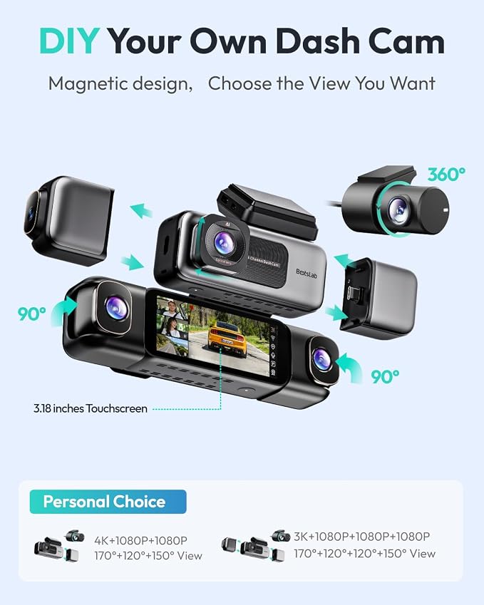 3K 4 Channel Dash Cam, 360° All-Around View, Front/Rear/Inside Car Cameras with 3.18" Touch Screen, Dash Camera 24/7 Parking Mode, Built-in GPS, 5.8GHz WiFi, Voice Control, 128GB Card Included