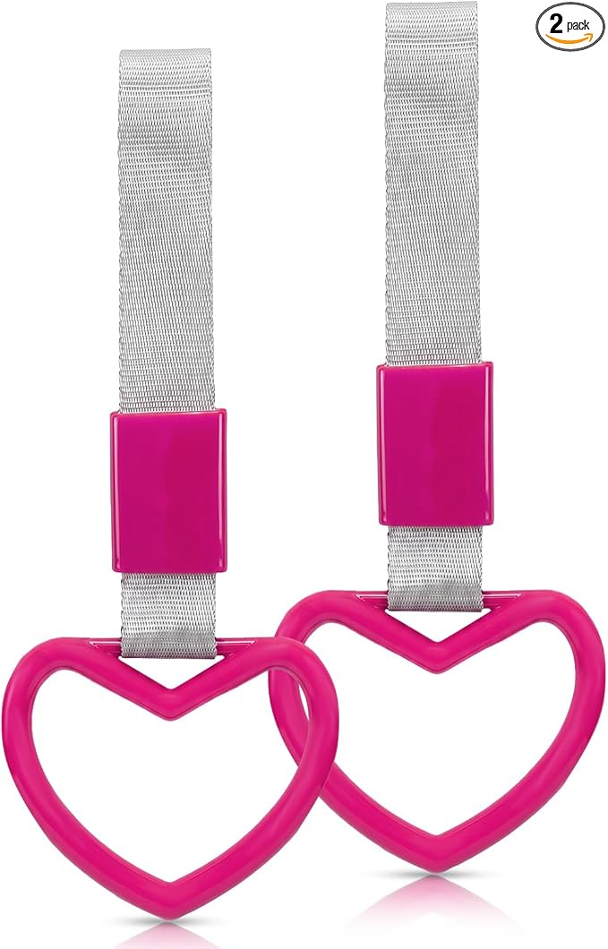 2 Pcs Heart Shaped Car Handle Strap – JD M Drift Charm Rear Bumper Warning Ring Decor for Car Interior Exterior, Subway Bus Handle Accessory, Cute Heart Car Decor Gift for Drivers (Hot Pink-Silver)