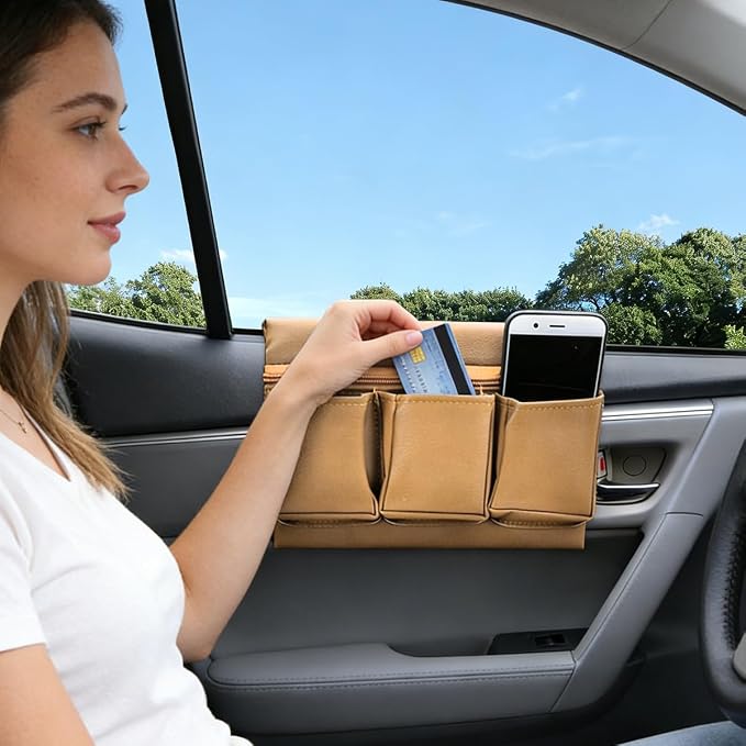 Car Window Armrest Storage Box, Leather Automotive Side Door Arm Rest Pad Organizer with Multiple Pocket, Multifunctional Vehicle Armrest Elbow Pad Storage Bag, Universal Fit (Beige)