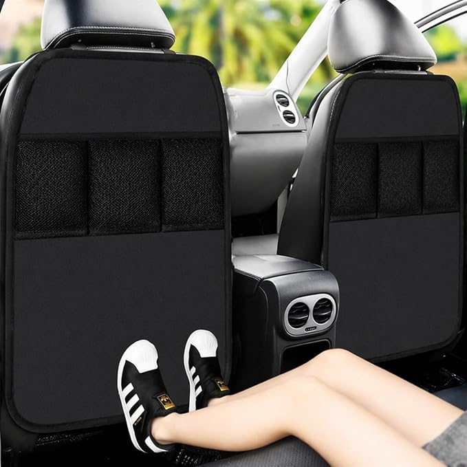 Large Car Seat Back Protectors 2 Pack, 2-Layer Kick Mats with 3 Pockets, Backseat Organizer and Seat Protector for Kids, Scuff Guard for Cars SUVs Trucks, Black