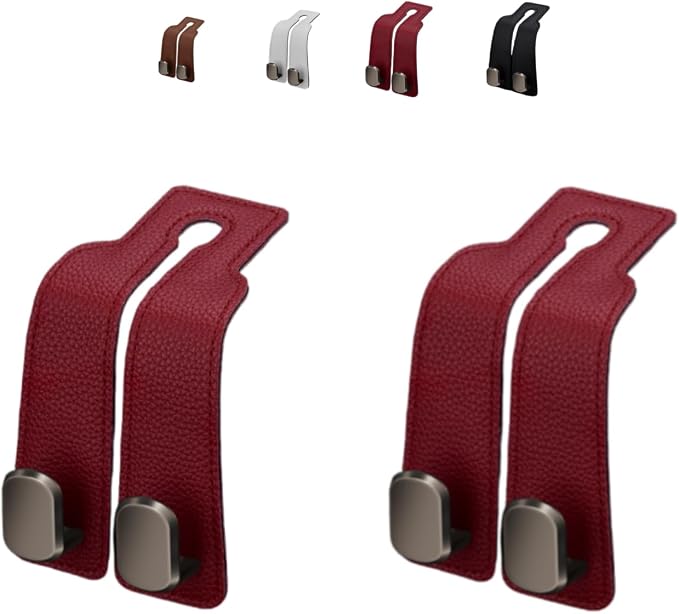 Coozyland Car Hooks, Coozy Land Metal Multi-Function Leather Car Headrest Hooks, Universal Double Hook Car Seat Back Storage Hooks for Wallets, Handbags, Bottles, Trash Bags, etc (Red 2-Pack)