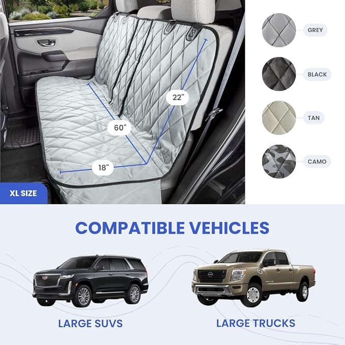 Dog Seat Cover for Back Seat, Heavy Duty Waterproof Rear Seat Protector for Large Trucks, SUVs, Cars - Fits 60/40 Split Bench with Middle Seat Belt, Non-Slip Backseat Cover (Extra Large, Grey)