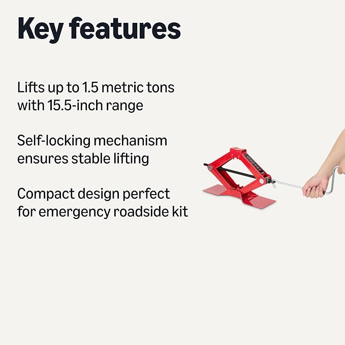 Portable Scissor Car Jack, 1.65 Short Ton/1.5 Metric Ton/1500 kg Capacity, 3.7-15.5 inch Lifting Range, Self-Locking, Red