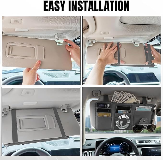 Car Sun Visor Organizer, Truck Visor Organizer, Leather Multi-Pocket Auto Visor Storage Pocket Pouch Holder with Zipper, Auto Accessories Storage Bag for Driving License Card Pen (Grey)