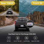 Front 2K+Rear 1080P Dash Cam Adapts for Ford Ranger 2019-2023 XL XLT Lariat (Has Rain Sensor), OEM Factory Style, Dual HD Video, WiFi & APP, Loop Recording, G-Sensor, Easy to Set, 64GB Card