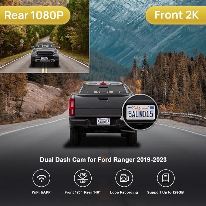 Front 2K+Rear 1080P Dash Cam Adapts for Ford Ranger 2019-2023 XL XLT Lariat (Has Rain Sensor), OEM Factory Style, Dual HD Video, WiFi & APP, Loop Recording, G-Sensor, Easy to Set, 64GB Card