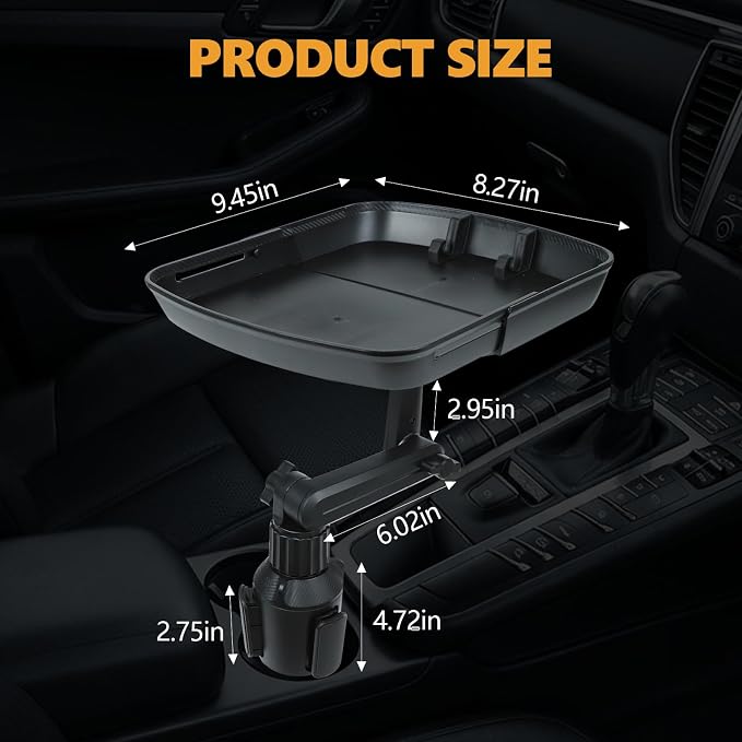 Car Cup Holder Tray Table, 360° Adjustable Car Food Tray with Phone Slot & Swivel Arm, 3 in 1 Detachable Vehicle Cup Holder Expander for Eating, Universal Road Trip Essentials