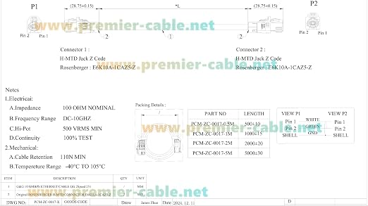 Rosenberger E6K10A-1CAZ5-Z H-MTD Vehicle Automotive Ethernet Cable 10Gbps 100/1000BASE-T1 H-MTD Female to Female Shielded LCA-101-1000-Z-Z Cable for ADAS, Telematics, Autonomous Driving (3M/9.84FT)