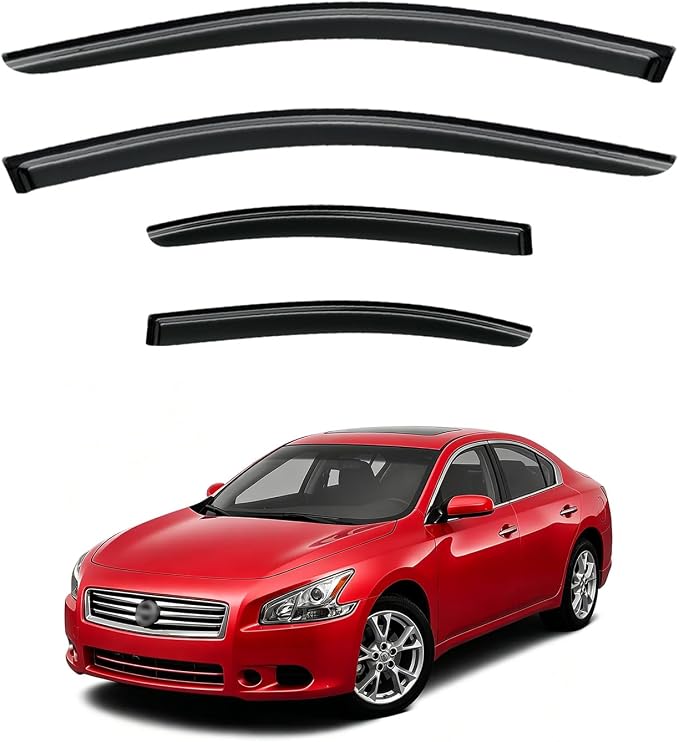 Window Visor for 2009-2015 Nissan Maxima, Out-Channel Rain Guards Shields Vent Deflector Shade Wind Dark Smoke 2010 2011 2012 2013 2014, Tape-On Outside-Mount, 4PCS
