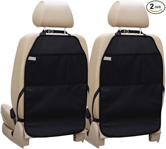 Car Seat Protector Large Kick Mat 2 Pack Durable Water Resistant Auto Seat Back Covers with 2 Mesh Pockets Protection Against Dust Mud Scratches (Black, 2-Pack)
