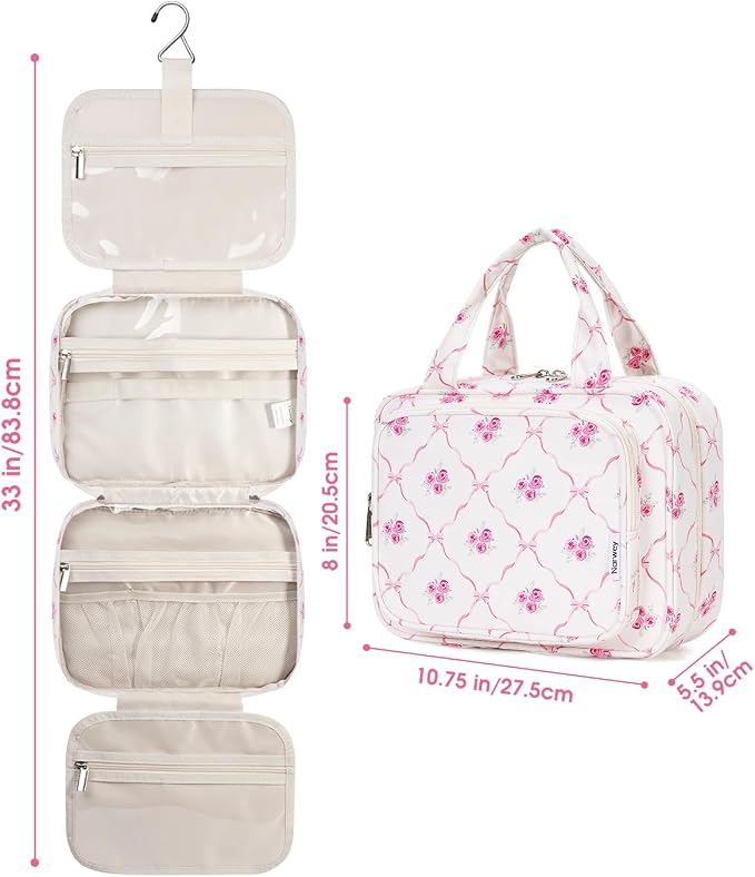 Hanging Toiletry Bag for Women Travel Makeup Bag Organizer Toiletries Bag for Travel Size Essentials Accessories Cosmetics (Bowknot and Flower (Medium))