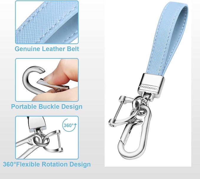 Genuine Leather Car Keychain,Universal Heavy Duty Metal Key Chain Accessories,Car Fob Key Keychain Holder with 360 Degree Rotatable Snap Swivel and Anti-Lost D-Ring for Men Women(Light Blue)