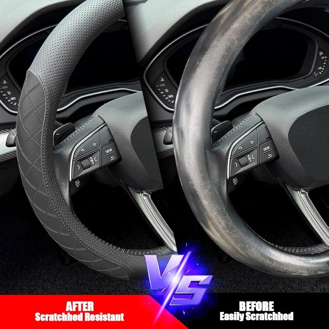 Nappa Leather Steering Wheel Cover, Elegant Diamond Checkered Design, Non-Slip wear-Resistant, Enhance Driving Comfort, Suitable for Steering Wheel Diameter 14 1/2‘-15’ Models.Black