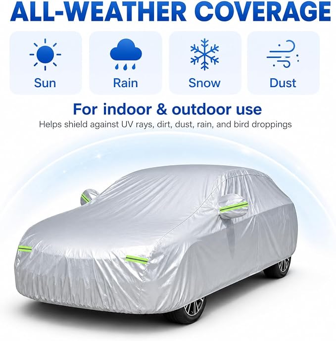 Car Cover 196"×78"×59" Waterproof All-Weather Sedan Cover Outdoor Indoor with Zipper Door & Windproof Straps | UV Snow Dust Protection Fit for Toyota Camry Honda Accord Kia K5 Altima