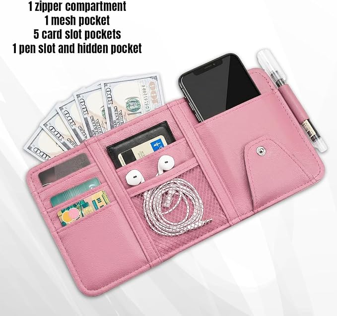 Car Sun Visor Organizer, Truck Visor Organizer, Leather Multi-Pocket Auto Visor Storage Pocket Pouch Holder with Zipper, Auto Accessories Storage Bag for Driving License Card Pen (Pink)