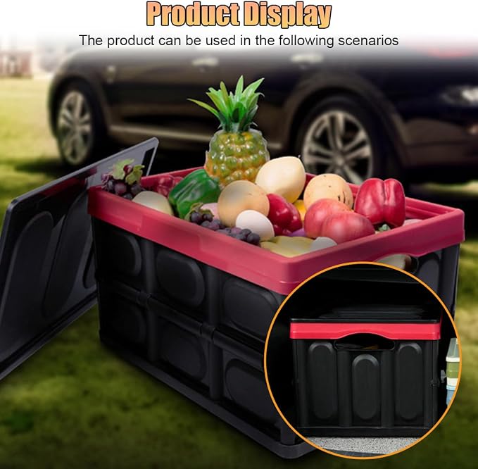 Car Trunk Organizer, Foldable Plastic Cargo Storage Box with Lid, Large Car Tool Container with Handles, Universal Automotive Organization Accessories for Camping, Groceries (Black)