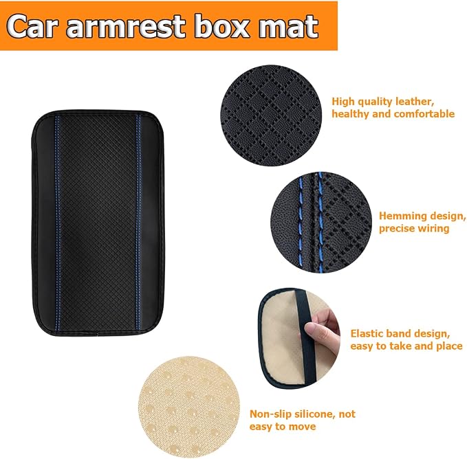 Car Armrest Storage Box Mat, Fiber Leather Car Center Console Cover, Car Armrest Seat Box Cover Accessories Interior Protection for Most Vehicle, SUV, Truck, Car (Black/Blue)