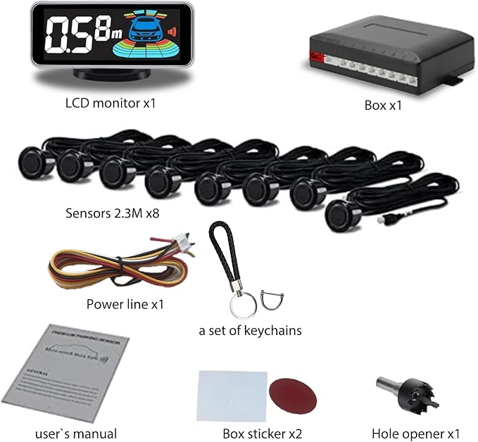 Backup Parktronic System Car Auto Vehicle Reverse with 8 Parking Sensors kit, LCD Display, Distance Detection (Meter/Foot Switchable), Buzzer Alarm and Voice Prompt Function Dark Livid Grey