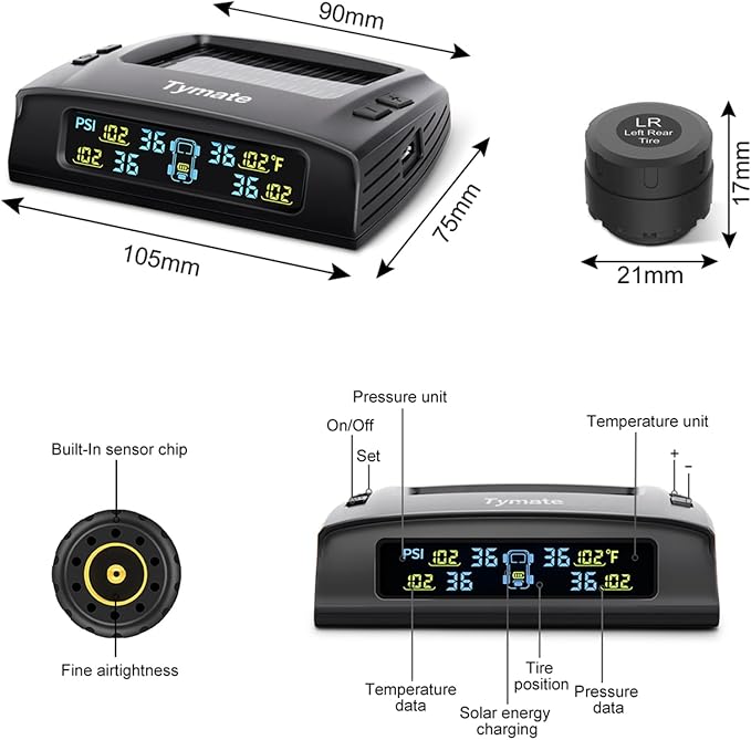 TM2 RV Tire Pressure Monitoring System, Tire Pressure Monitor with Solar Charge, TPMS with 4 Sensors(Max. 10) & 6 Alarm Modes, Color LCD Display, 0-144PSI for RV/Trailer/Truck/SUV/Fifth Wheel