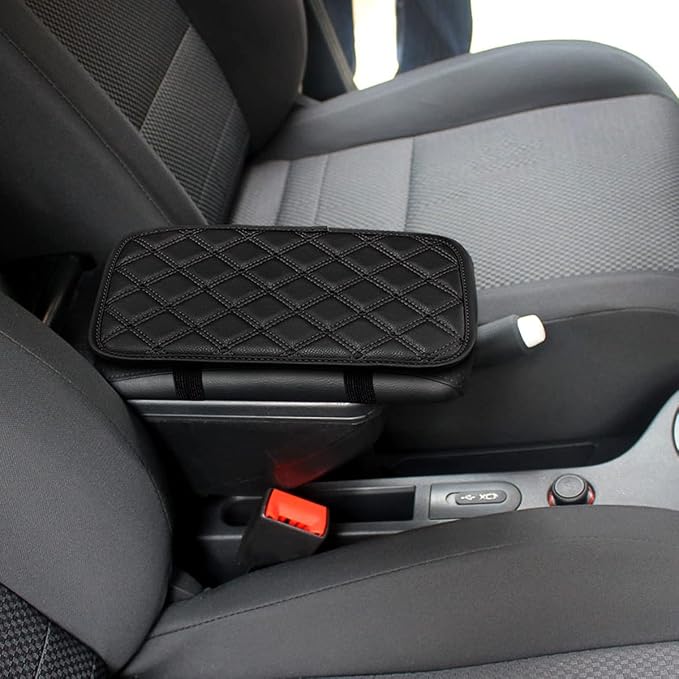 Car Leather Center Console Cushion Pad, 11.4"x7.4" Waterproof Armrest Seat Box Cover Fit for Cars, Vehicles, SUVs, Comfort, Car Interior Protection Accessories (Black-2)