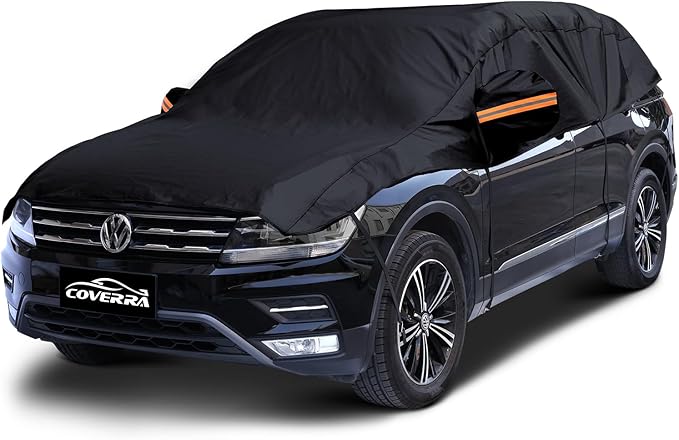 Half Car Cover Top SUV, Hail Protector Car Cover with Cotton Liner, Sunroof & Windshield Cover for Ice and Snow, All Weather Vehicle Body Cover for Sun, Rain, Dust, Fit SUV L