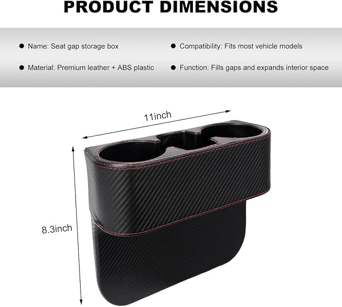 Car Seat Gap Filler Organizer, Multifunctional Auto Console Side Storage Box with Cup Holder, Universal PU Leather Cup Holder Front Seat Crevice Filler for Car Truck SUV (Carbon Fiber Black)