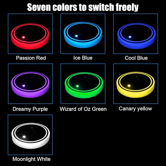 Mandark LED Car Cup Holder Lights, 2PCS Waterproof 7 Colors Changing Vehicle USB Charging Coaster Pad, Auto Interior Atmosphere Lamp Cup Mat Accessories, Universal for SUV Sedan Truck (No Mark)