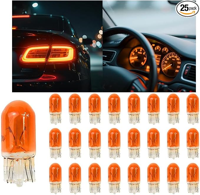 25PCS T10 12V 5W Car Turn Signal Light Bulbs, Clear Flat Foot Vehicle Side Marker Lamp Bulbs, Auto Interior Amber Headlight Bulbs Accessories, Universal for SUV, Sedan, Truck (Orange)