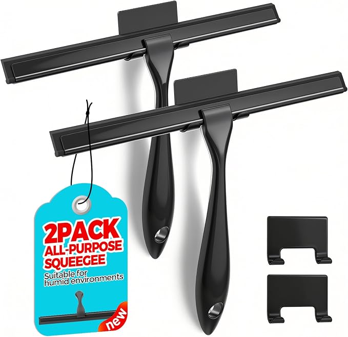 2pcs Shower Squeegee for Glass Doors with Adhesive Hanging Hook Set | 12” black, bathroom accessories, window cleaner, new home essentials, soft rubber blade, metal handle, ergonomic grip
