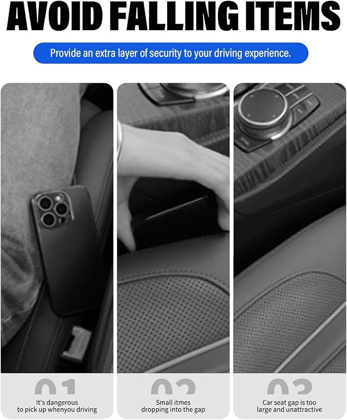 Car Seat Gap Filler, 2 Pack No-Drop Seat Side Gap Seam Filler Organizer with Phone Holder, Universal Fit Fill The Gap Between Seat and Console, Perfect for Car SUV Truck Black