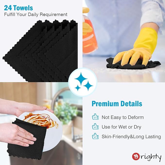 Orighty Black Microfiber Cleaning Cloth, 24 Pack Highly Absorbent Cleaning Rags, Microfiber Towels for Cars, Household Cleaning Supplies, Reusable Lint Free Cloths for House, Kitchen, 12 x12 inch