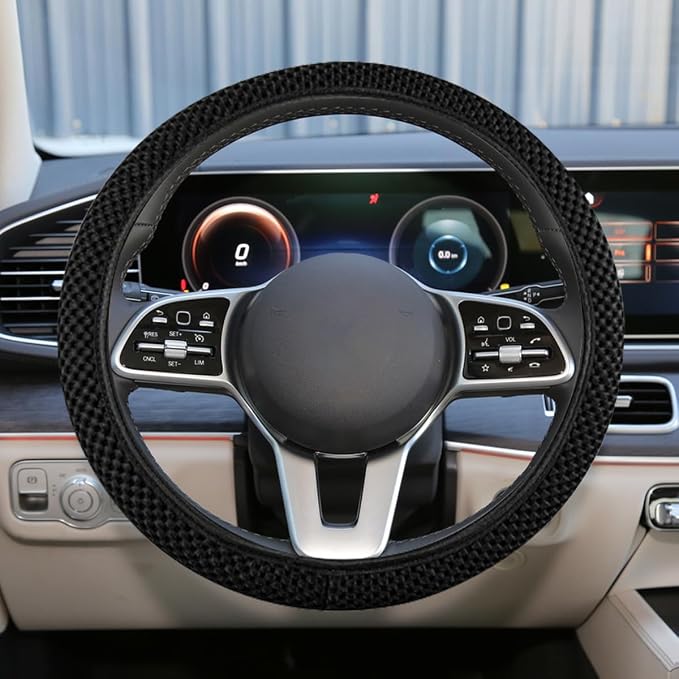 Elastic Stretch Steering Wheel Cover, 15" Breathable Microfiber Ice Silk Steering Wheel Protector, Universal Anti-Slip Car Warm in Winter&Cool in Summer Accessories for Men Women (Black)