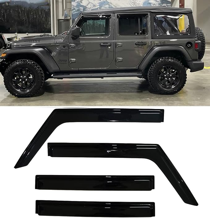Tape-On Side Car Window Visors Rain Guards for 2018-2025 Jeep Wrangler JL 4 Door Smoke Tinted Vent Deflector Sun Shades