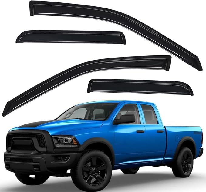 94101 Extra Durable Outside-Mount Auto Vent Window Visors, Fits 2009-2010 Dodge Ram 1500, 2011-2018 Ram 1500, 2019-2024 Ram 1500 Classic, Quad Cab, Original Wind Deflector, Smoke, 4-Pcs