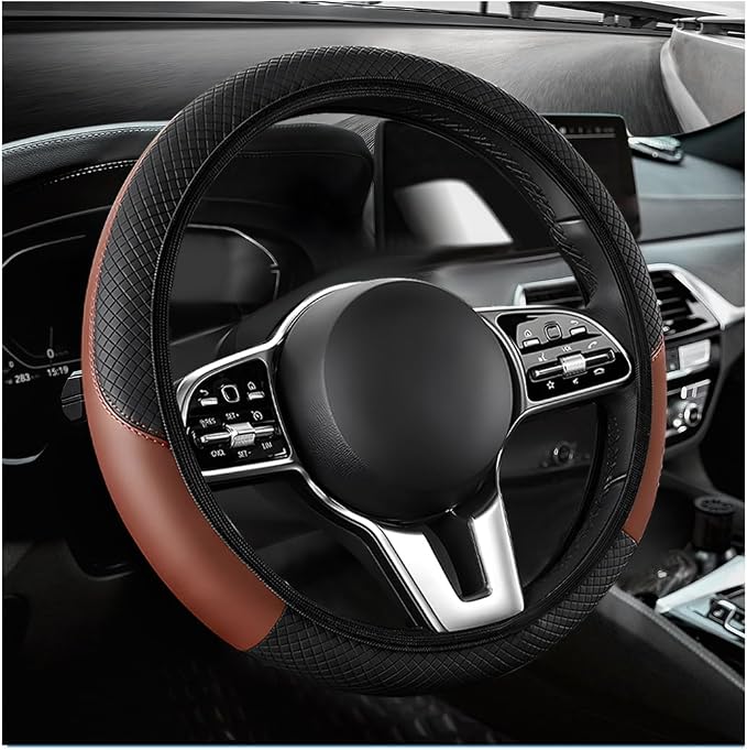 Car Steering Wheel Cover, 15 Inch Anti-Slip Stretch Leather Steering Wheel Protector, Comfortable Breathable Sporty Steering Wheel Cover for Women Men, Car Accessories (Black & Khaki, AD)