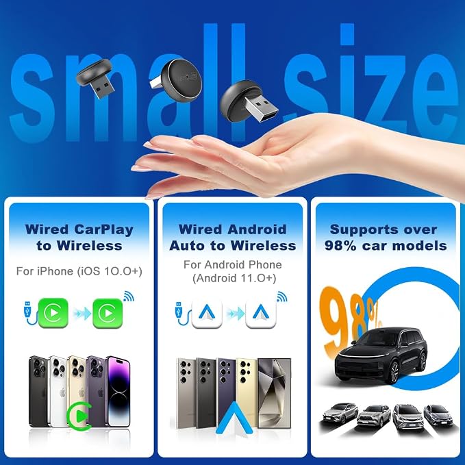 Wireless CarPlay & Android Auto Adapter - Mini Ultra 3 Convert OEM Wired to Wireless Dongle for iPhone & Android 11+, USB-A/Type-C Plug & Play, Fast Connection, Online Upgrade