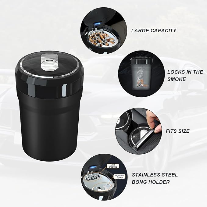 Car Ashtray with Lid, Easy Clean Up Detachable Smokeless Ashtray with LED Blue Light, Portable Mini Ash Tray Cup Holder for Car Home Office Travel, Interior Auto Accessories (Black, Larger)