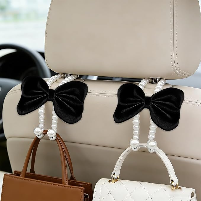 2PCS Bow Pearl Car Seat Headrest Hook, Cute Vehicle Seat Hangers Storage Organizer for Handbag Purse Coat, Auto Interior Headrest Decorative Hook, Universal for SUV RV Truck (Black)