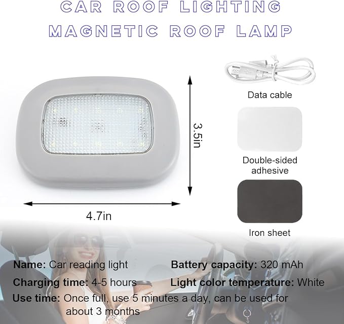Car Interior Ceiling Roof Lights, Magnetic Rechargeable USB Wireless Dome Lamp, LED Auto Map Reading Light Cover for Insider Roof Ceiling, Universal Car Accessories (Gray)