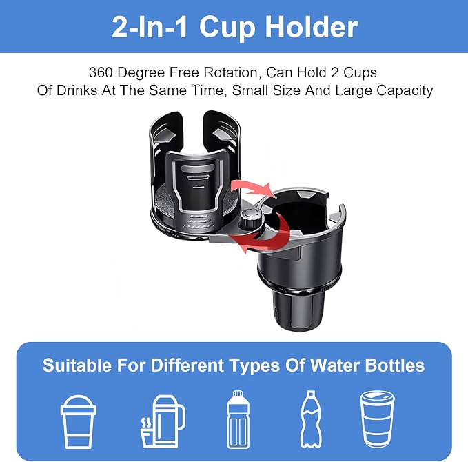 Car Cup Holder Expander 2 in 1，Expandable Cup Holder with 360°Adjustable Base，Compatible with Hydro Flask, Yeti, Nalgene, Other Large Bottles Drinks Mugs, Expandable to 2.87"-6" (Black)