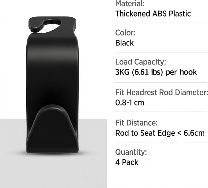 Car Headrest Hooks – 4-Pack Black, 13 lbs Capacity | Hang purses, coats, umbrellas & grocery bags. Universal fit for most headrests. ABS design keeps car tidy & clutter‑free.